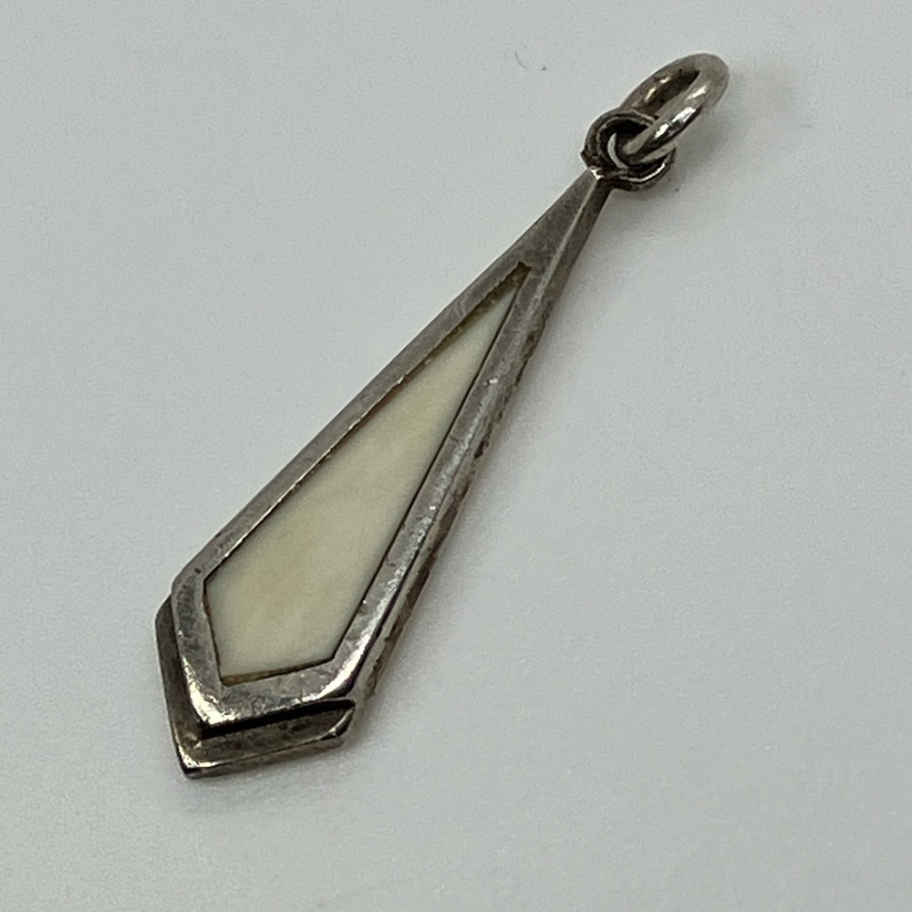 Vtg 925 Sterling Silver & Bone Inlay Art Deco Geometric Design Necklace Pendant